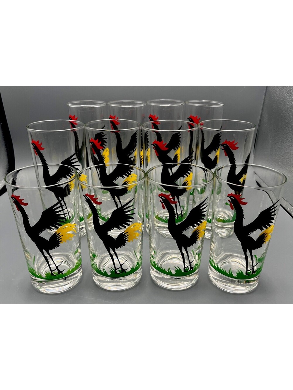 Federal Glass Black Crowing Rooster Tumblers Set 12 Tom Collins Highball Juice